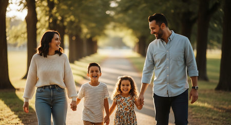 A happy family of four walking hand in hand on a tree-lined path in a park on a sunny dayの素材