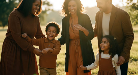 A happy multi-generational family enjoying a sunny day together in a parkの素材