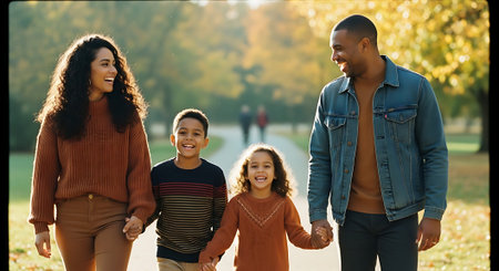 A happy multiracial family of four walking hand in hand through a beautiful park on a sunny dayの素材