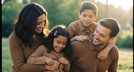 A happy family of four posing together in a park on a sunny dayの素材