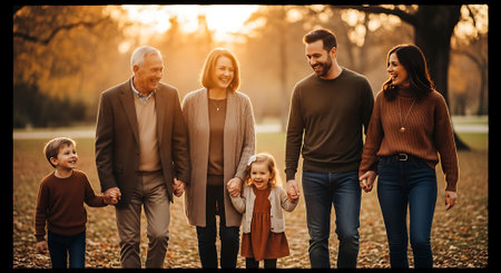 A multi-generational family walks hand in hand through a park during autumnの素材