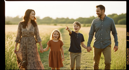 A happy family of four walking hand in hand through a beautiful green field on a sunny dayの素材