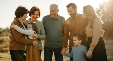 A multi-generational family stands together in a field during a warm sunsetの素材