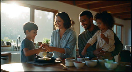 A happy family of four baking together in a modern kitchen with a warm atmosphereの素材
