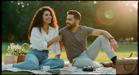 A young couple enjoying a romantic picnic in a park on a sunny dayの素材
