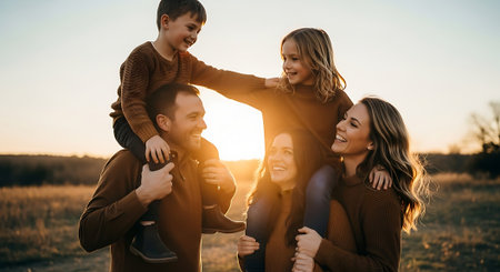 A happy family of four enjoying a beautiful sunset together in a fieldの素材