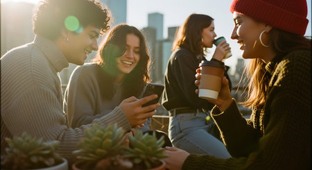 Four friends enjoying a sunny day on a rooftop with succulents and coffeeの素材