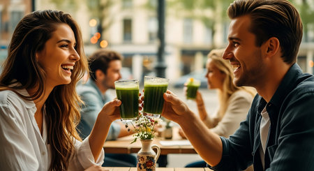 A young couple enjoying green smoothies at a trendy cafe on a sunny dayの素材
