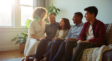 A diverse group of friends sitting together on a couch in a cozy living roomの素材