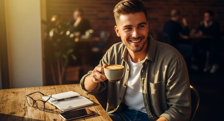 A smiling man enjoying a cup of coffee at a wooden table with a notebook and glassesの素材