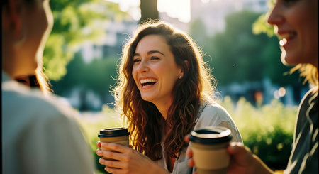 Three friends enjoying coffee and conversation in a park on a sunny dayの素材