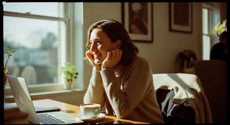 A woman sitting at a wooden desk with a laptop and coffee cup, looking out the window with a thoughtful expression.の素材