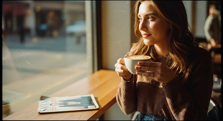 A woman enjoying a cup of coffee while reading a magazine by the window in a cozy cafeの素材