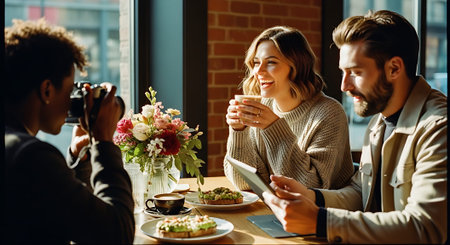 A photographer captures a romantic moment between a couple enjoying coffee and food at a cozy restaurant table by the window.の素材