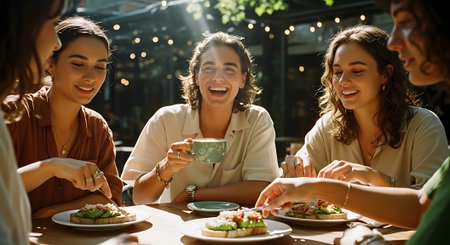 A group of happy women enjoying a meal together at a restaurantの素材