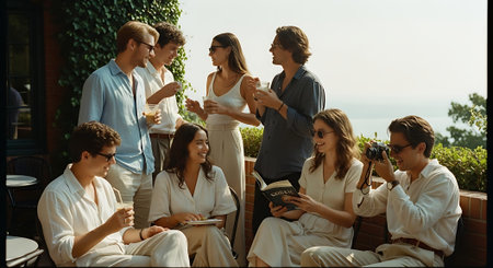 A group of young adults socializing and enjoying each other's company outdoorsの素材