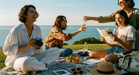 Four friends enjoying a picnic on a grassy hill overlooking the oceanの素材