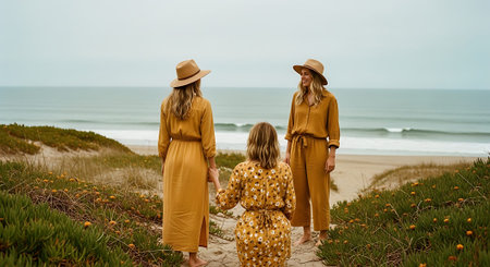 A family of three walking towards a serene beach on a sunny dayの素材