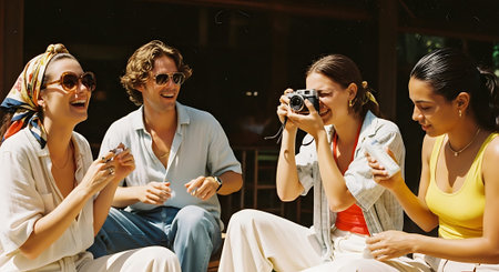 Four friends laughing and taking photos together on a sunny dayの素材