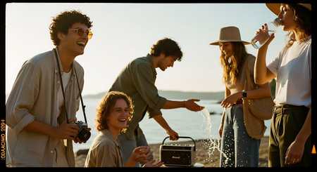 A group of young friends enjoying a picnic on the beach at sunsetの素材