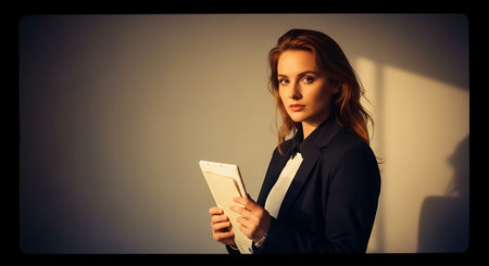A young professional woman holding a tablet in a modern office setting with a neutral backgroundの素材