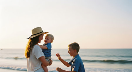 A woman holding a baby and smiling at a young boy on a beach at sunsetの素材