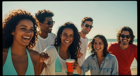 A group of happy friends enjoying a sunny day at the beach togetherの素材