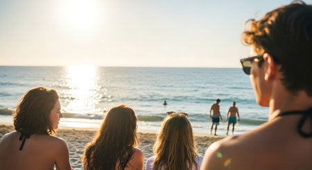 A group of friends enjoying a beautiful sunset at the beachの素材