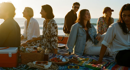 A group of friends enjoying a picnic on the beach at sunsetの素材