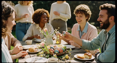 A group of friends and family enjoying a festive Easter meal together outdoorsの素材