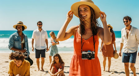 A group of happy people enjoying a sunny day at the beach with a woman in an orange dress and straw hat smiling in the foreground.の素材