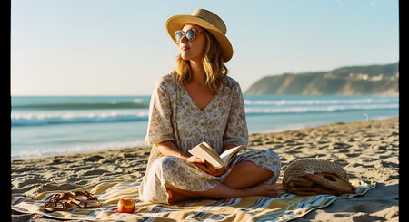 A woman relaxes on a beach with a book and a drinkの素材
