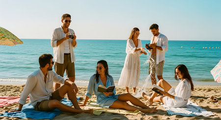 A group of friends enjoying a relaxing day at the beach with books and drinksの素材