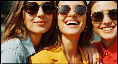 Three young women wearing sunglasses and smiling together outdoorsの素材