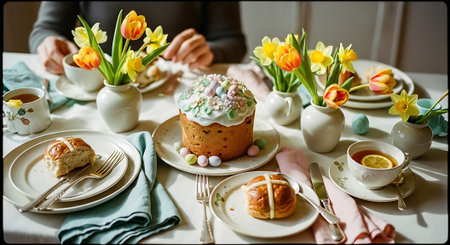 A beautifully set table with Easter bread and flowers for a festive holiday mealの素材