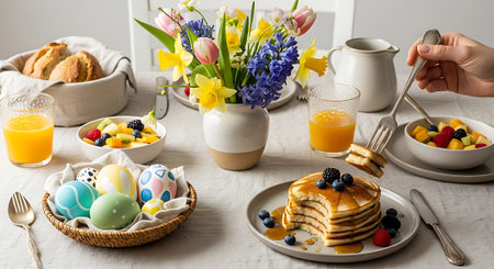 A beautifully set table with a delicious breakfast spread, including pancakes, eggs, and fresh fruit, surrounded by vibrant flowers.の素材