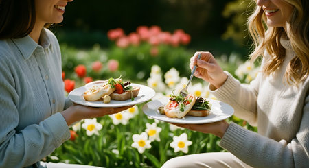 Two women enjoying a meal together in a garden filled with flowersの素材