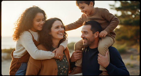 A happy family of four enjoying quality time together outdoors during sunsetの素材