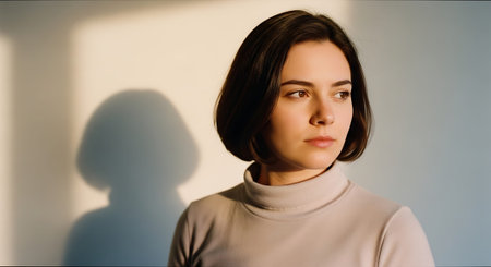 A young woman with a short bob haircut standing in front of a wall with a shadowの素材