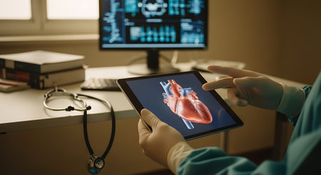 A doctor in a medical office examines a digital image of a human heart on a tabletの素材