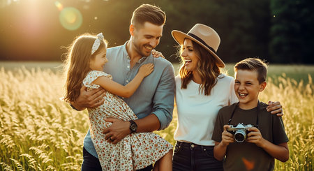 A happy family of four enjoying a sunny day in a beautiful wheat field together.の素材