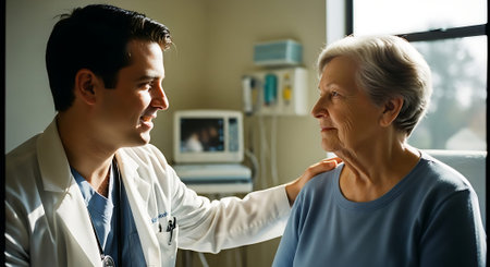 A doctor reassures an elderly patient in a modern medical office with a calm and professional demeanor.の素材