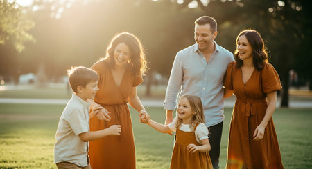 A happy family of five enjoying a sunny day in the park together.の素材