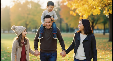 A happy family of four enjoying a walk together in a park during autumnの素材