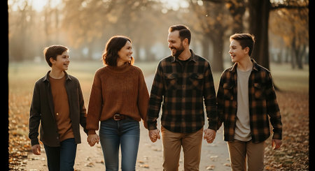 A happy family of four walking hand in hand through a beautiful autumn parkの素材