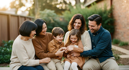 A multi-generational family sits together on a bench in a backyardの素材