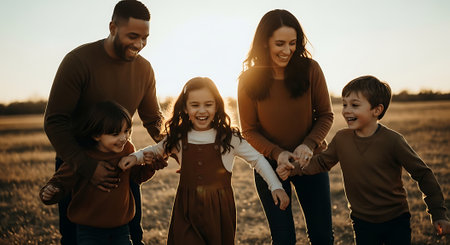 A happy family of five holding hands and walking together in a field at sunsetの素材