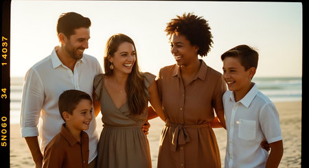 A happy multiracial family of five standing together on a sunny beach at sunsetの素材