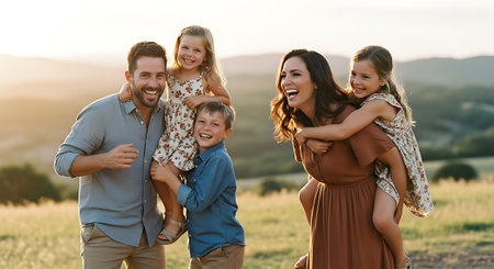 A happy family of five enjoying a beautiful outdoor moment together in a serene natural setting.の素材
