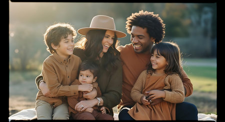 A happy family of five sitting together outdoors in a park on a sunny dayの素材